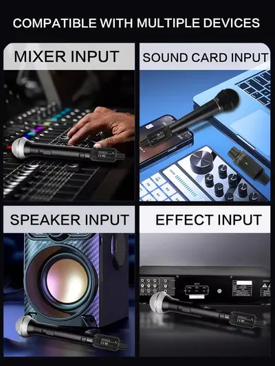 Demonstrates that the wireless microphone system is compatible with various audio devices including mixers, sound cards, speakers, and effect processors, reassuring shoppers of its versatility…