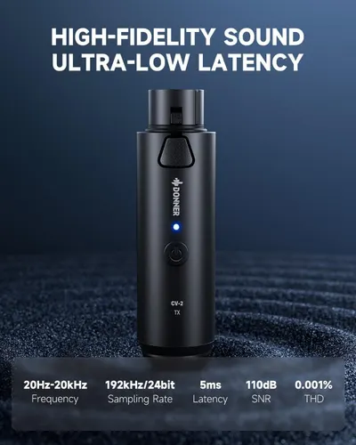 Communicates the technical audio performance specifications of the wireless transmitter, including frequency range, sampling rate, latency, SNR, and THD to reassure shoppers of professional-grade…