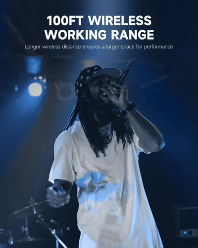 Communicates the extended wireless working range of the microphone to reassure performers they can move freely on stage without signal loss.