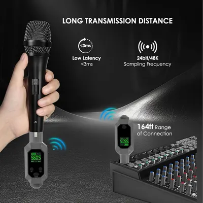 Communicates multiple technical benefits of the wireless microphone system including low latency under 3ms, 24bit/48K sampling frequency, and 164ft transmission range to reassure buyers of…