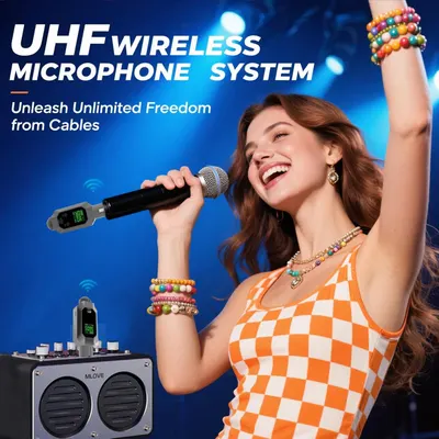 Communicates the wireless capability of the UHF microphone system, emphasizing freedom of movement without cables for karaoke or performance use.