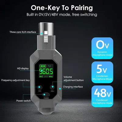 This image breaks down the microphone adapter by labeling all key physical components and controls, helping shoppers understand the device's interface and functionality. Communicates the versatility…