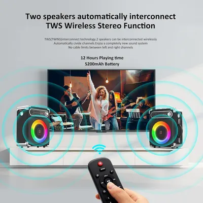 Communicates multiple key features including the TWS wireless stereo pairing capability and extended 12-hour battery life to show versatility and convenience for extended listening sessions.