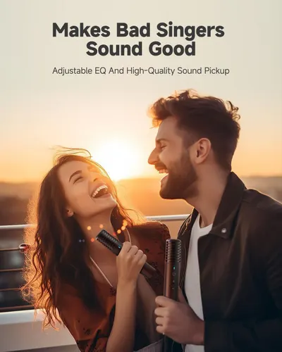 Communicates that the microphone product enhances vocal quality with adjustable EQ and high-quality sound pickup, making even amateur singers sound professional.