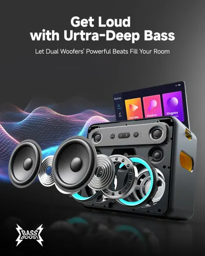 This image breaks down the internal audio architecture of the speaker, highlighting the dual woofer system and layered components to demonstrate the engineering behind the powerful bass performance.…
