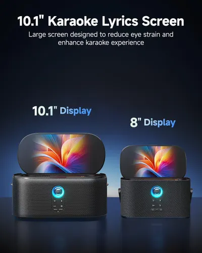 Highlights the large 10.1 inch screen size designed to reduce eye strain and enhance the karaoke experience, showing a size comparison with an 8 inch display.