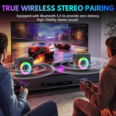 Communicates the wireless stereo pairing capability with Bluetooth 5.3 technology to reassure gamers that they will experience high-fidelity, synchronized sound with zero latency.