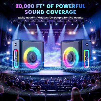 Communicates the powerful sound coverage area of 20,000 square feet and the capacity to accommodate 100 people for live events, helping shoppers understand the scale and performance capability of…