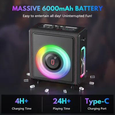 Communicates quantifiable battery performance metrics to reassure shoppers about long-lasting entertainment and fast charging capabilities.