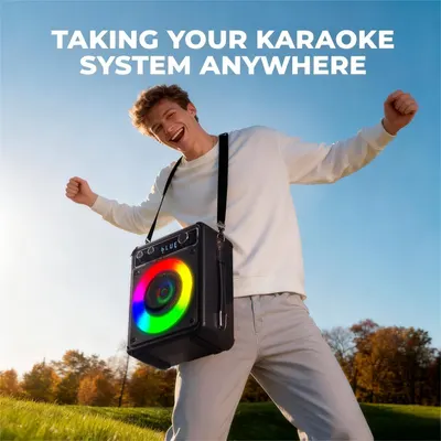 Communicates that the karaoke system is portable and can be taken anywhere for outdoor entertainment and fun.