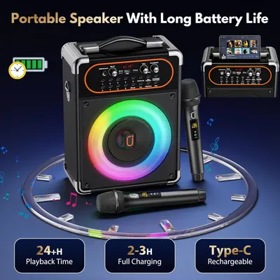Communicates multiple key benefits of the portable speaker including 24+ hour playback time, 2-3 hour fast charging capability, and Type-C rechargeability to reassure shoppers about battery…