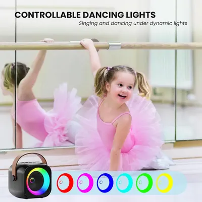 Communicates that the product features dynamic, controllable lighting that creates an engaging environment for singing and dancing activities.