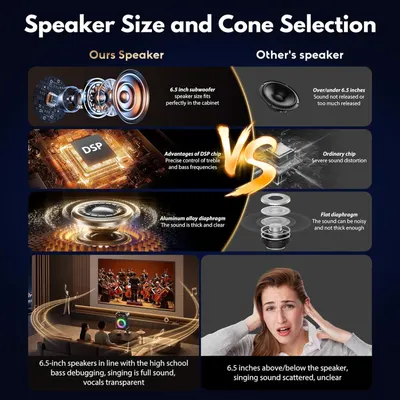 This image compares the product's speaker components and sound quality against a competitor to demonstrate superior audio performance through better sizing, DSP technology, and premium materials.