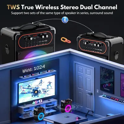 Communicates that the product supports wireless pairing of two speakers to create surround sound, demonstrating the dual channel connectivity feature for an enhanced audio experience.