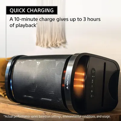 Communicates the fast charging capability of the speaker, reassuring shoppers that a short 10-minute charge provides up to 3 hours of playback time.