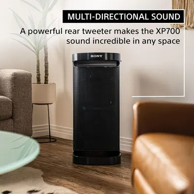 Communicates that the Sony XP700 speaker delivers powerful multi-directional sound with a rear tweeter, making it effective in any room or space.