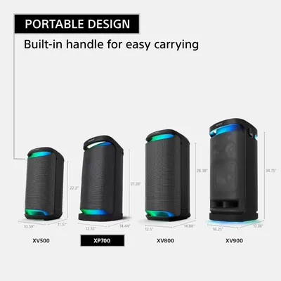 Shows the exact dimensions of four different speaker models to help shoppers understand the physical size differences and choose the right model for their space and portability needs. Emphasizes the…