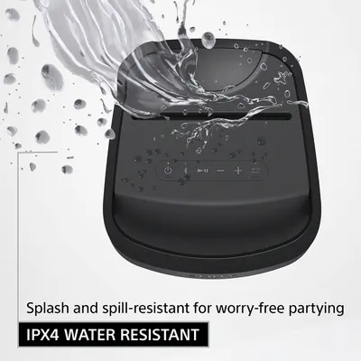 Communicates that the speaker is splash and spill-resistant, reassuring shoppers they can use it worry-free at parties or outdoor events.