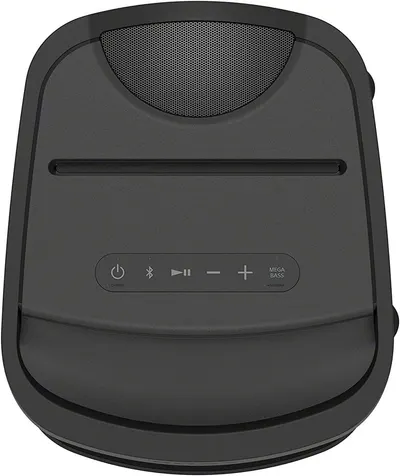 Shows the physical design and control interface of the speaker, highlighting the mesh speaker grille, button controls, and connectivity features to help shoppers understand the product's layout and…