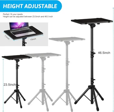 Communicates that the laptop stand can be adjusted between 23.5 and 46.5 inches to fit different user needs and preferences.