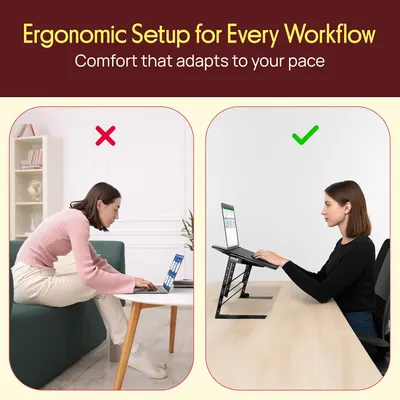 Demonstrates the ergonomic advantage of using the laptop stand by contrasting poor posture (hunched over) with proper posture (upright with elevated screen), showing shoppers the health and comfort…