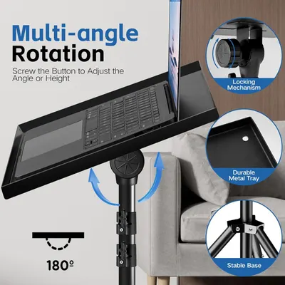 Showcases multiple features of the laptop stand including its 180-degree rotation capability, locking mechanism, durable metal tray, and stable base to demonstrate versatility and build quality.