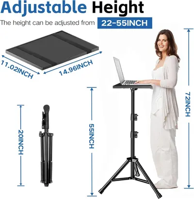 Communicates the adjustable height range of 22-55 inches and provides detailed dimensions of the laptop stand platform and collapsed size to help shoppers understand the product's physical…