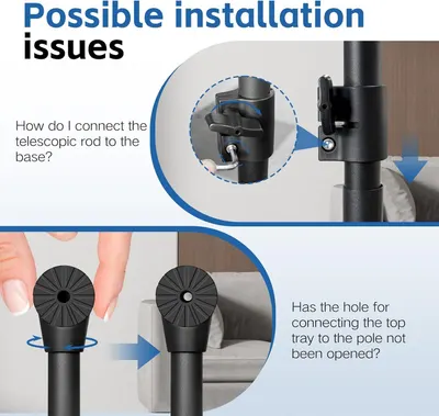 Addresses common installation issues by showing how to properly connect the telescopic rod to the base and ensure the hole for the top tray is opened, helping customers avoid setup mistakes.