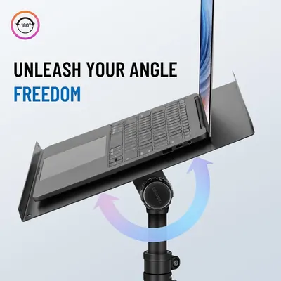 Communicates that the laptop stand offers 180-degree rotational freedom, allowing users to adjust the viewing angle for optimal ergonomics and flexibility.