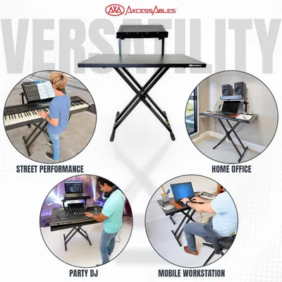 Demonstrates the multiple environments and use cases where the adjustable table stand can be effectively used, including street performance, home office, party DJ, and mobile workstation.