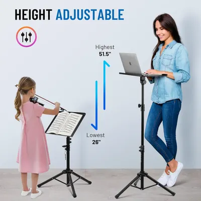 Communicates that the stand is height adjustable from 26 inches to 51.5 inches, making it versatile for users of different heights and use cases.