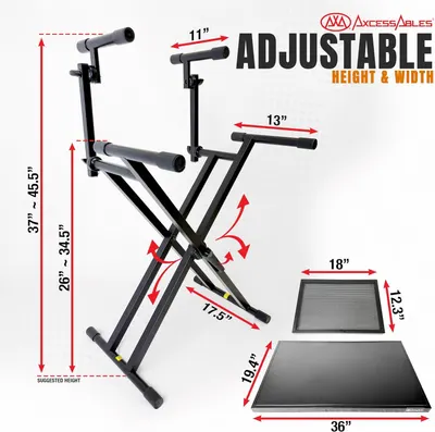 Communicates the exact dimensions and adjustability of the keyboard stand to help shoppers understand the physical size and customization options available. Highlights the key adjustability feature…