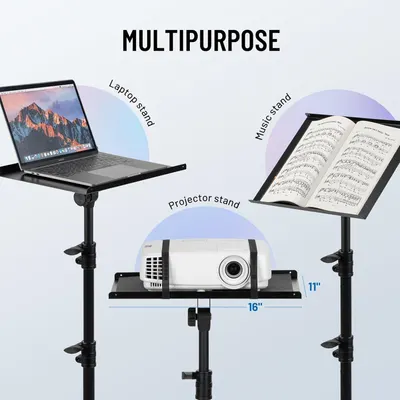 Demonstrates the versatility of the stand by showing three different use cases: as a laptop stand, music stand, and projector stand, helping shoppers understand the product can serve multiple…