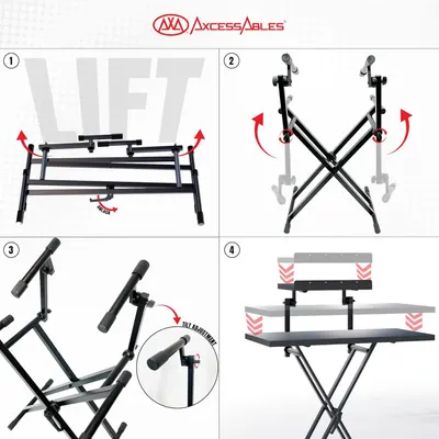 Provides step-by-step visual instructions showing how to assemble and set up the keyboard stand, including lifting, folding, adjusting tilt, and final configuration.