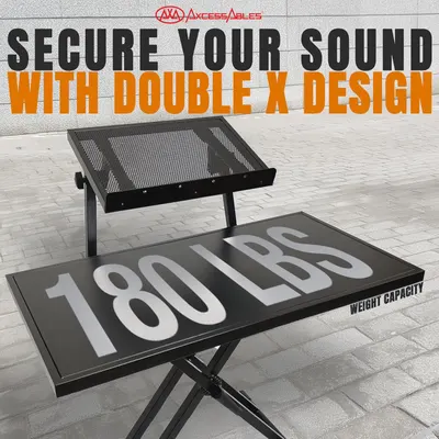 Communicates the structural stability and high weight capacity of the product through its Double X design, reassuring shoppers that it can securely support heavy audio equipment.