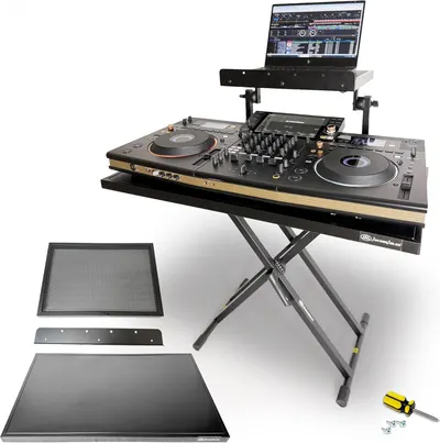 Shows all components included with the purchase: the adjustable stand, laptop mount, additional shelves, and assembly tools to help shoppers understand the complete package they will receive.