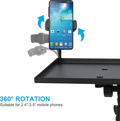 Highlights the phone holder's ability to rotate 360 degrees, allowing users to adjust viewing angles for optimal convenience and flexibility.