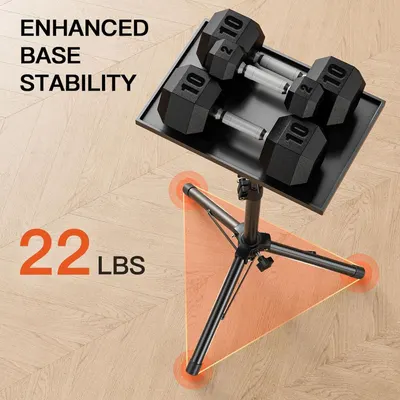 Communicates that the product's tripod base provides enhanced stability and can support up to 22 lbs, reassuring shoppers that it is sturdy and reliable for holding heavy dumbbells.