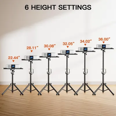 Communicates that the projector stand offers 6 different height settings ranging from 22.44 inches to 36.00 inches, allowing users to customize the setup for various projection needs.