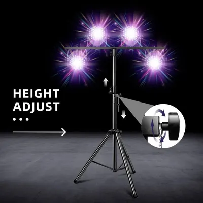 Communicates that the lighting stand features an adjustable height mechanism, allowing users to customize the positioning of the lights for different setups and needs.