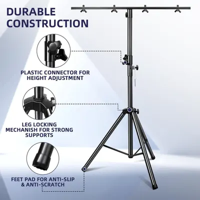 This image breaks down the lighting stand by highlighting specific structural components with callouts and zoomed-in views to help shoppers understand the durable construction and functional…