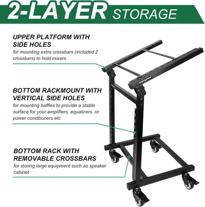 This image breaks down the structural components and mounting features of the 2-layer storage rack to help shoppers understand how each part functions for organizing audio equipment.
