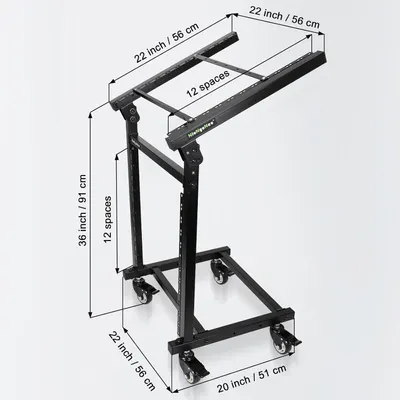 Provides precise measurements of the rack in both inches and centimeters to help shoppers understand the exact physical size and ensure it fits their space and equipment needs.