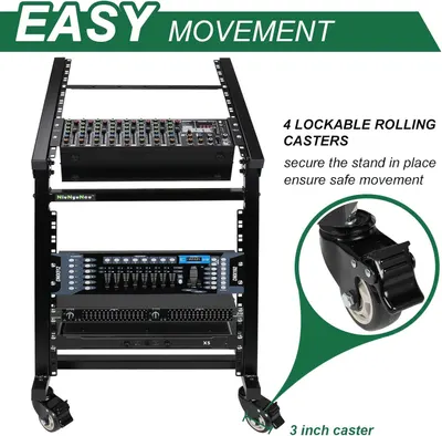 Communicates that the audio equipment rack features 4 lockable rolling casters that enable easy mobility while ensuring the stand can be secured in place for safe operation.