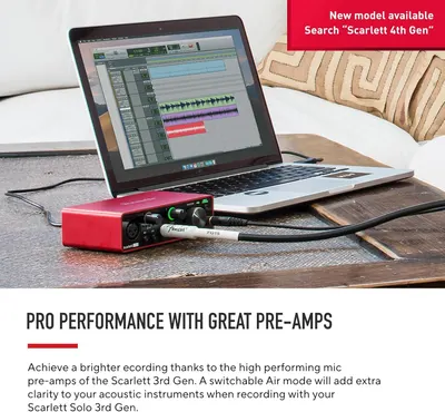 Communicates that the audio interface delivers professional-grade recording quality through high-performing mic pre-amps, reassuring musicians and content creators of superior sound capture.