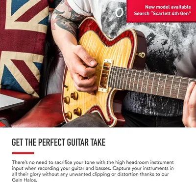 Communicates that the product enables high-quality guitar recording without tone sacrifice, clipping, or distortion, reassuring musicians they can capture professional sound.
