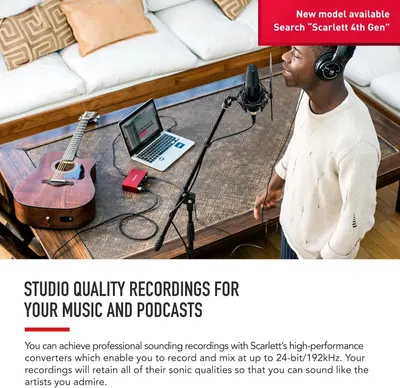 Demonstrates the versatility of the product by showing it can be used for both music and podcast recording in a home studio environment.