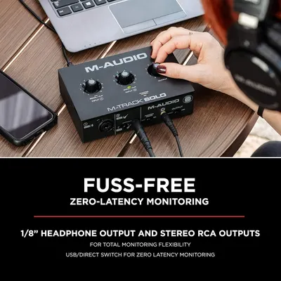 Communicates that the audio interface provides fuss-free, zero-latency monitoring with multiple output options, reassuring musicians and content creators of seamless real-time audio performance.