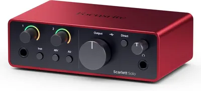 This image showcases the front panel of the audio interface, highlighting all the controls, ports, and functional components to help shoppers understand the product's physical layout and capabilities.