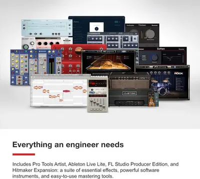 Communicates the comprehensive software package included with the product, showcasing the variety of professional audio tools, instruments, and effects that engineers receive.